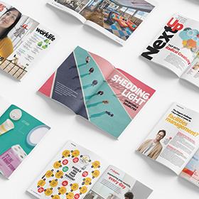a collection of magazine spreads arranged in a diagonal pattern